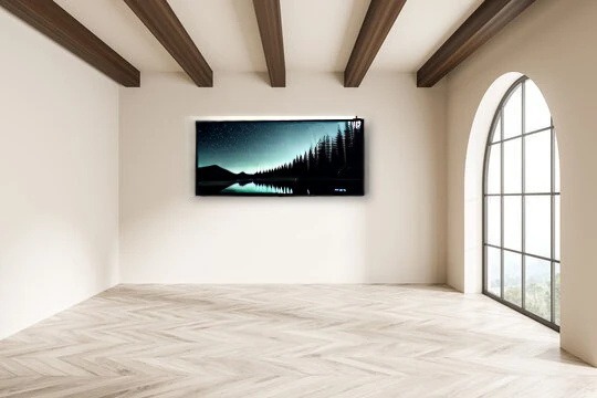 A 65-inch TV mounted on the wall of a spacious room with exposed wooden ceiling beams, placed by AI