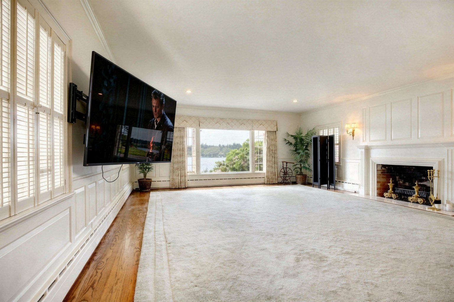 The same 75-inch TV on a swivel mount, angled out from the steep wall into the living room
